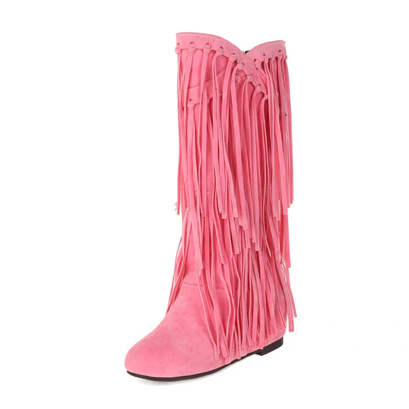 Ayollar poyafzallari Bahorgi kuz modasi Yangi zamonaviy jozibali ayollar tizzasidan yuqori botinkalar dumaloq oyoqli poda baland botinkalar 3 sm Fringe Plus Size 34-48