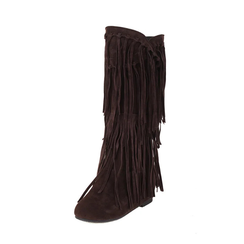 Ayollar poyafzallari Bahorgi kuz modasi Yangi zamonaviy jozibali ayollar tizzasidan yuqori botinkalar dumaloq oyoqli poda baland botinkalar 3 sm Fringe Plus Size 34-48