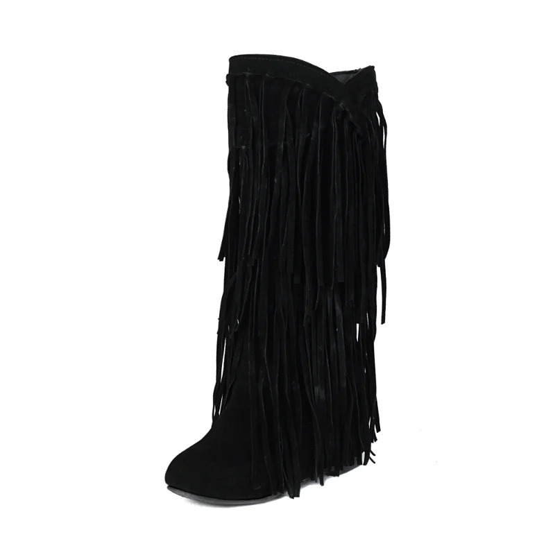 Ayollar poyafzallari Bahorgi kuz modasi Yangi zamonaviy jozibali ayollar tizzasidan yuqori botinkalar dumaloq oyoqli poda baland botinkalar 3 sm Fringe Plus Size 34-48