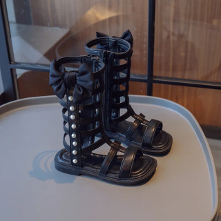 Детские сандалии, Новинка лета 2024, повседневная обувь с высоким верхом для девочек, обувь принцессы в римском стиле с бантом для маленьких девочек