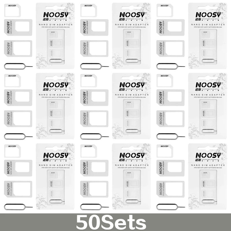 50 ta adapter toʻplami 4 ning 1 tasi Noosy Nano Sim karta + Micro Sim karta adapteri + IPhone ulgurji uchun standart SIM karta adapteri